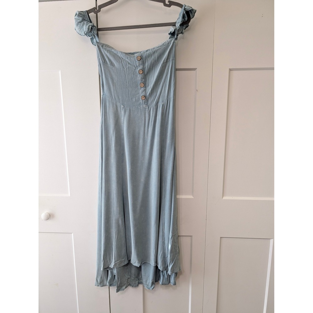 Chaser Light Blue Ruffle Sleeve High-Low Midi Dress Smocked Back Small NWT